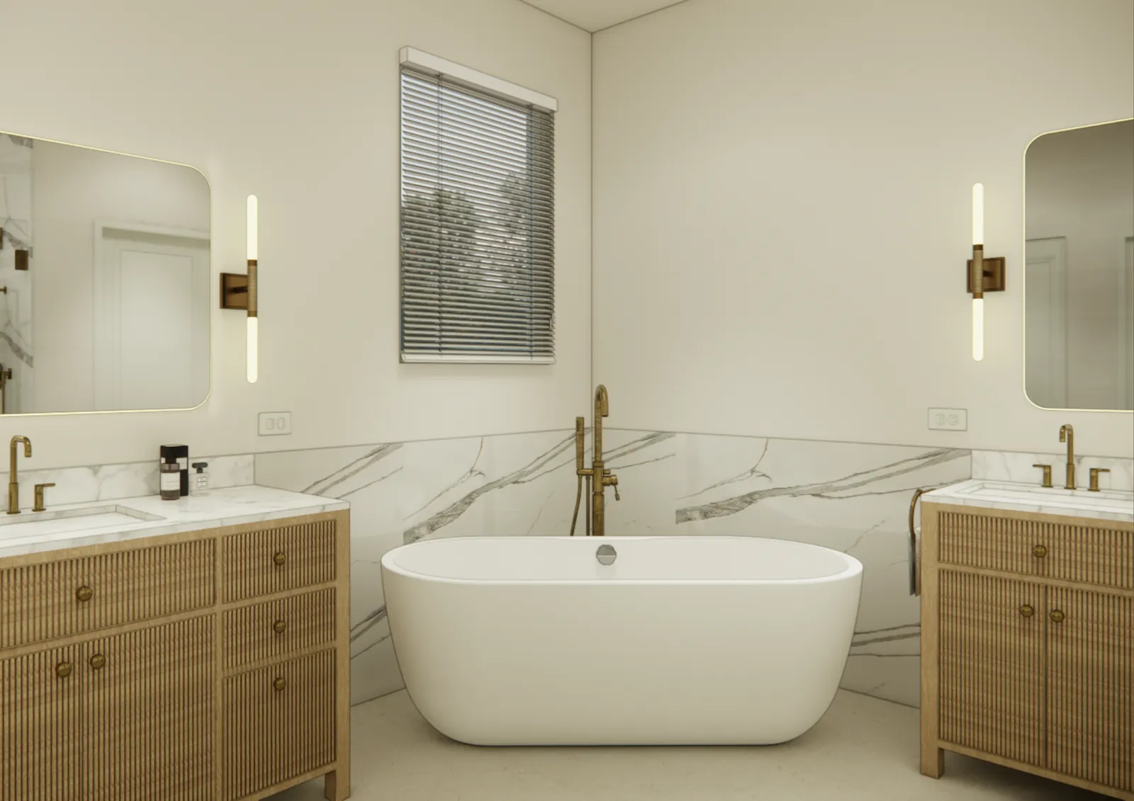 Render of the primary bathroom with a freestanding tub