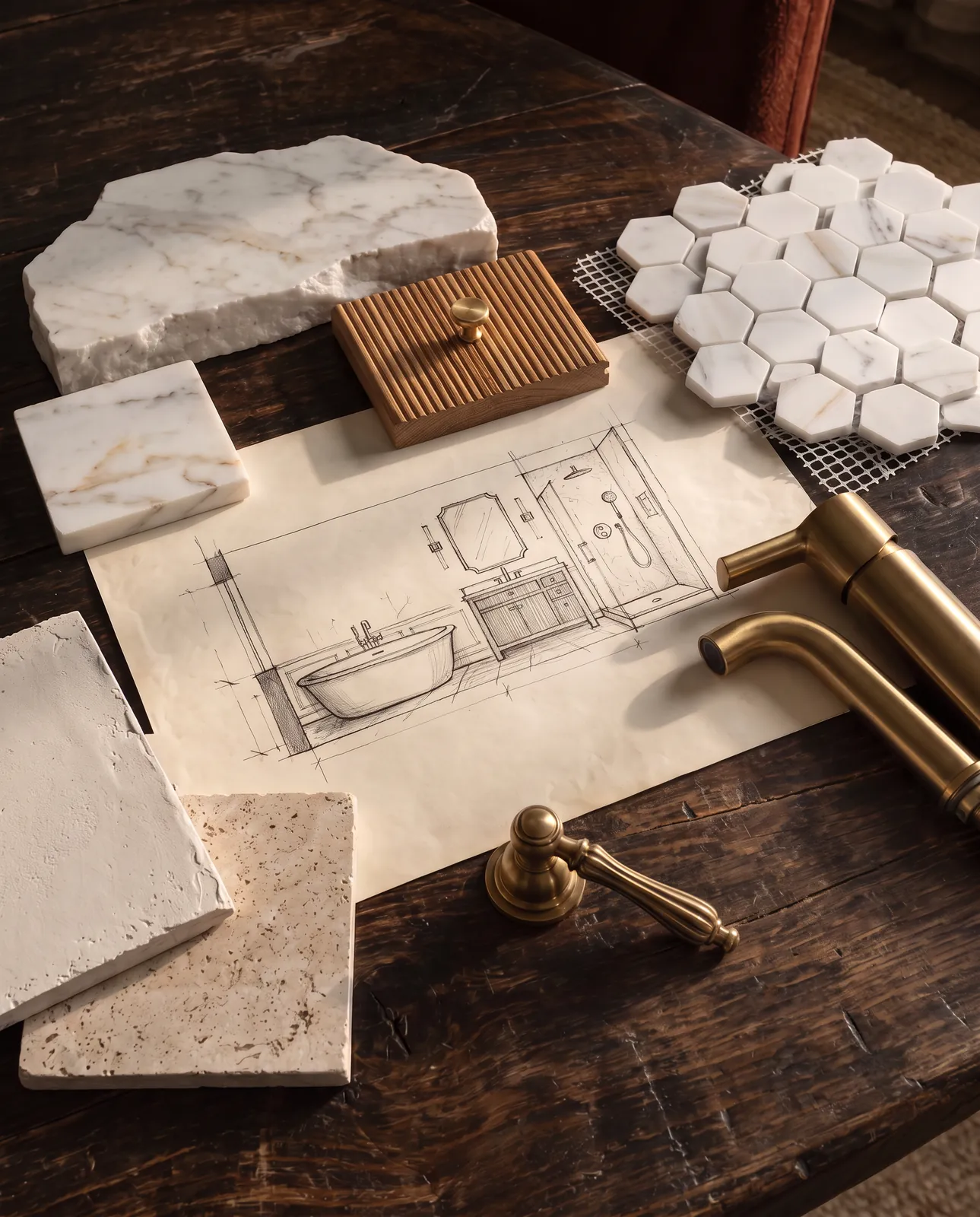 Marble, brass and oak samples for a primary bathroom