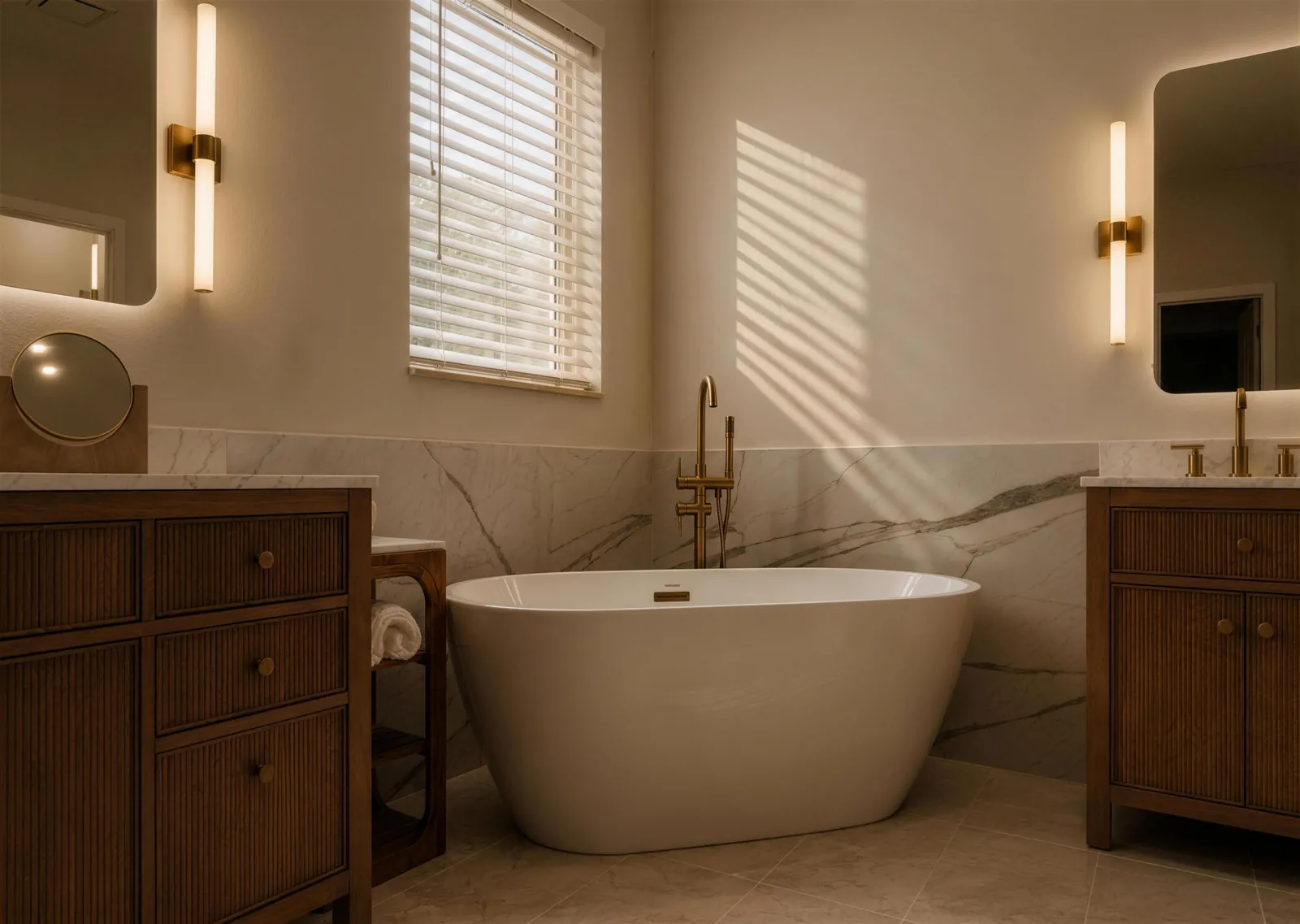 Completed primary bathroom with freestanding tub between oak vanities