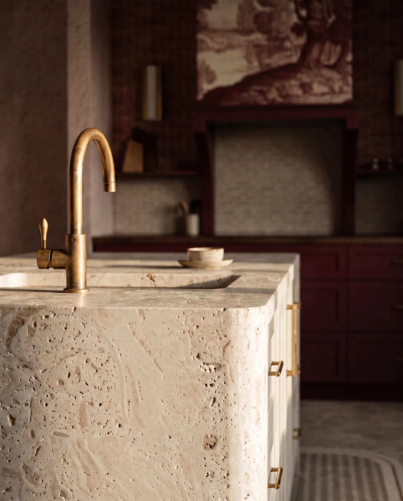 Kitchen design concept with stone island and oak cabinetry
