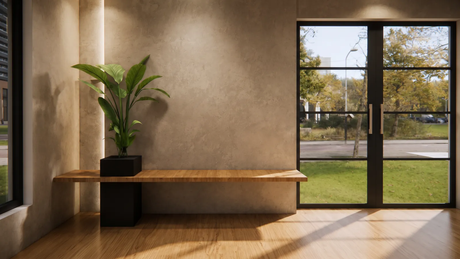 Lounge with an oak bench and steel windows