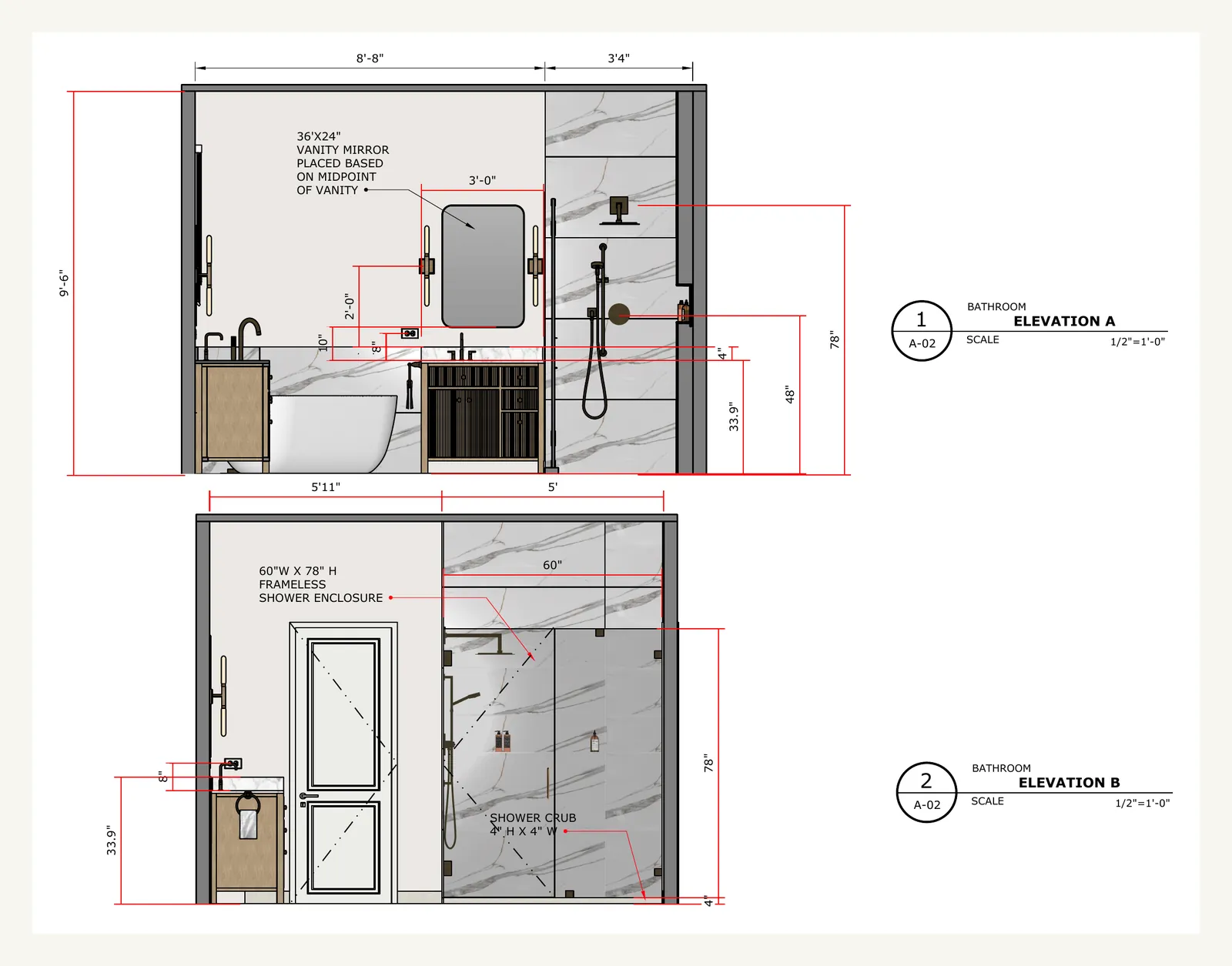 Dimensioned construction elevations of the primary bathroom