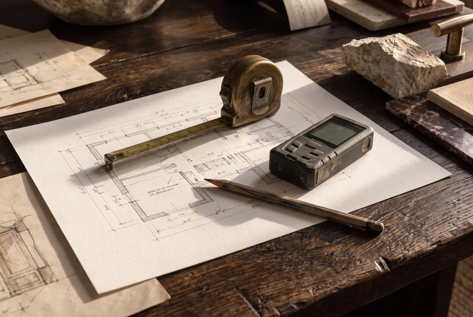 Tape measure and laser meter resting on a floor plan